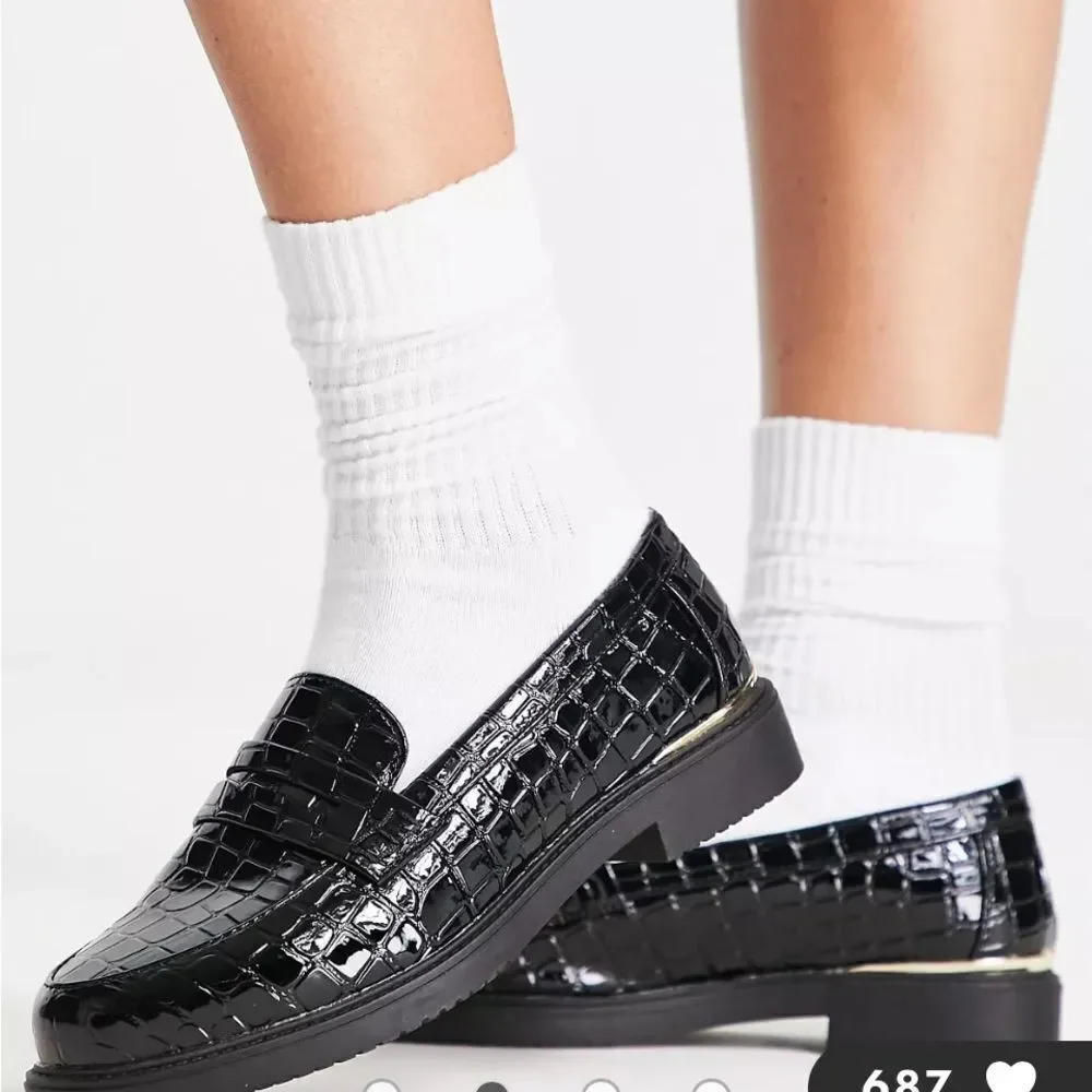 schuh Wide Fit Lenzo loafers in black‎ croc Size